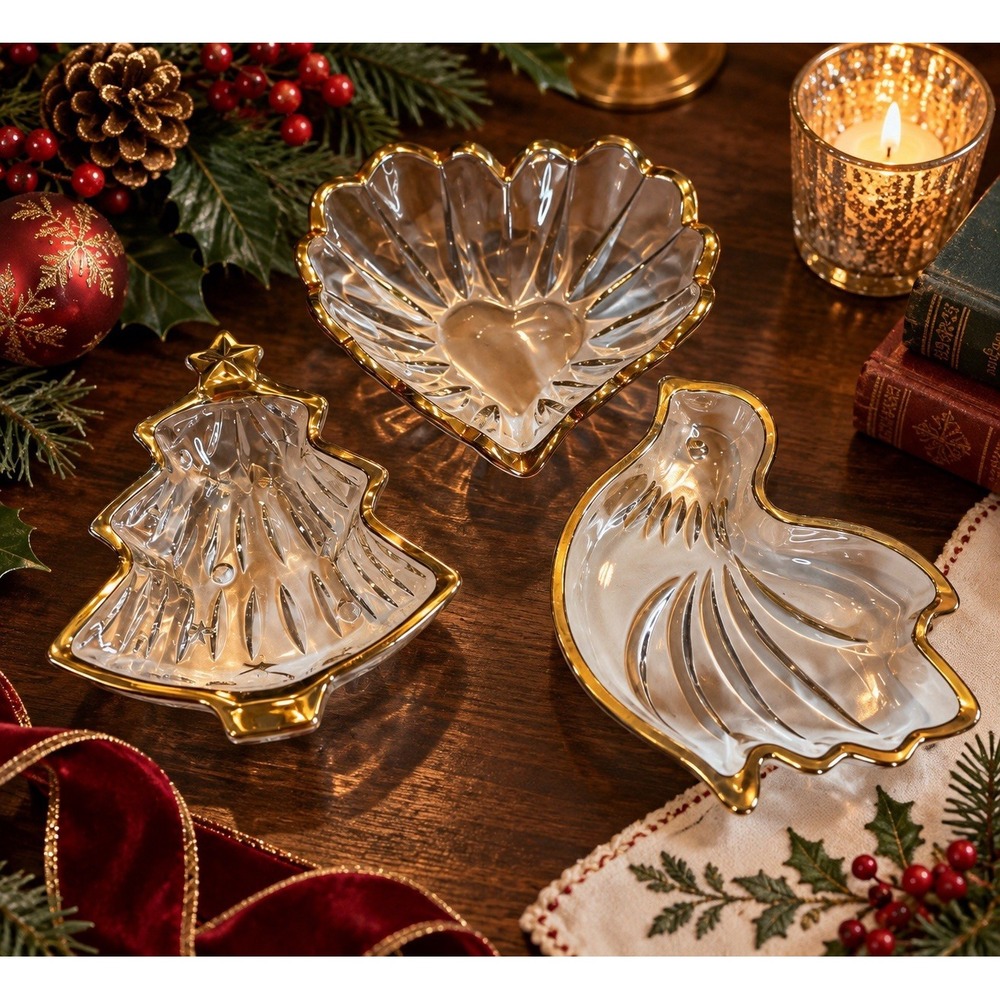 Vintage Gold Trim Glass Christmas Dishes Heart Dove Tree Set of 3 Holida